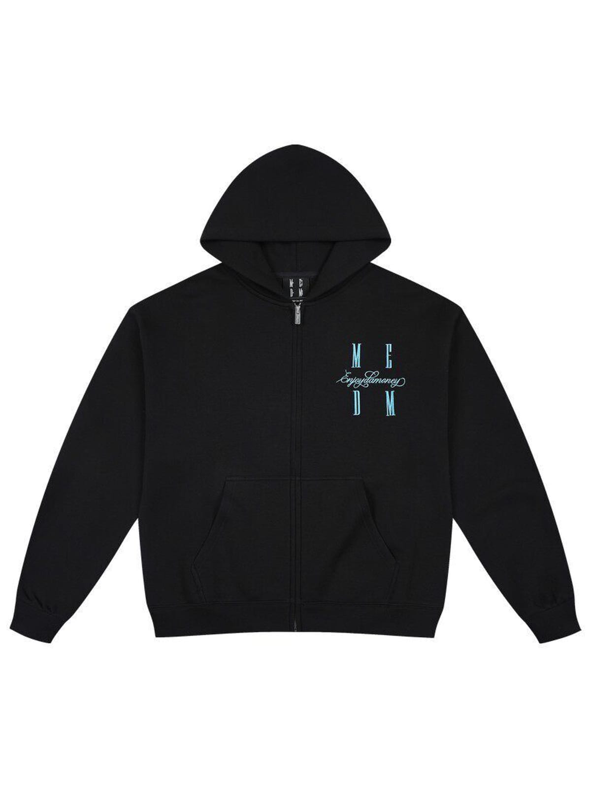 MEDM Embroidered Cotton Blend Zip Up Hoodie in Black
