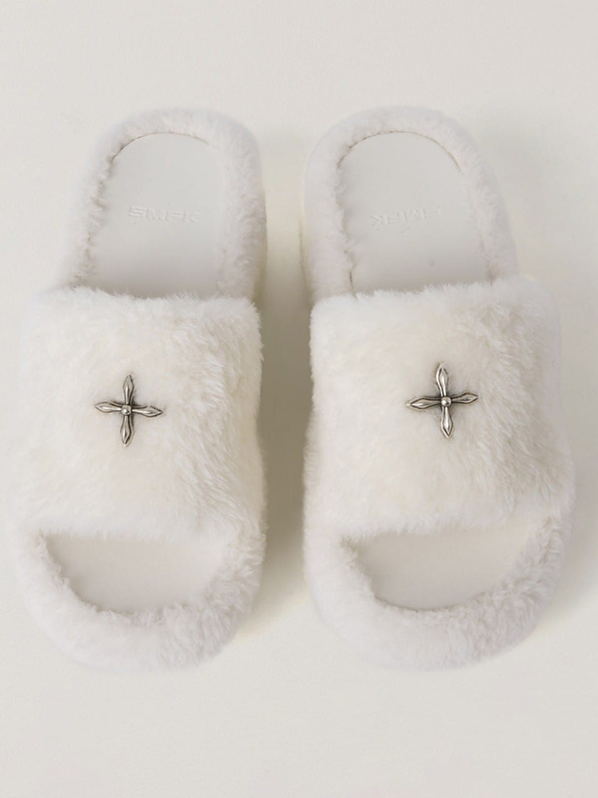 SMFK Cross Hardware Shearling High Heel Mules in White