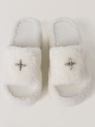 SMFK Cross Hardware Shearling High Heel Mules in White