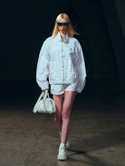 SMFK Nylon Zip Up Sports Jacket in White - On Female Model
