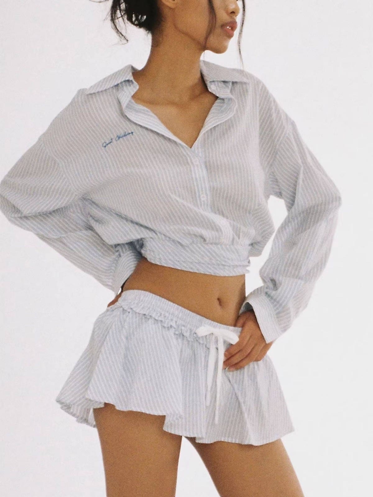 SweetChilling Ruffled Drawstring Mini Skirt in Blue - On Female Model