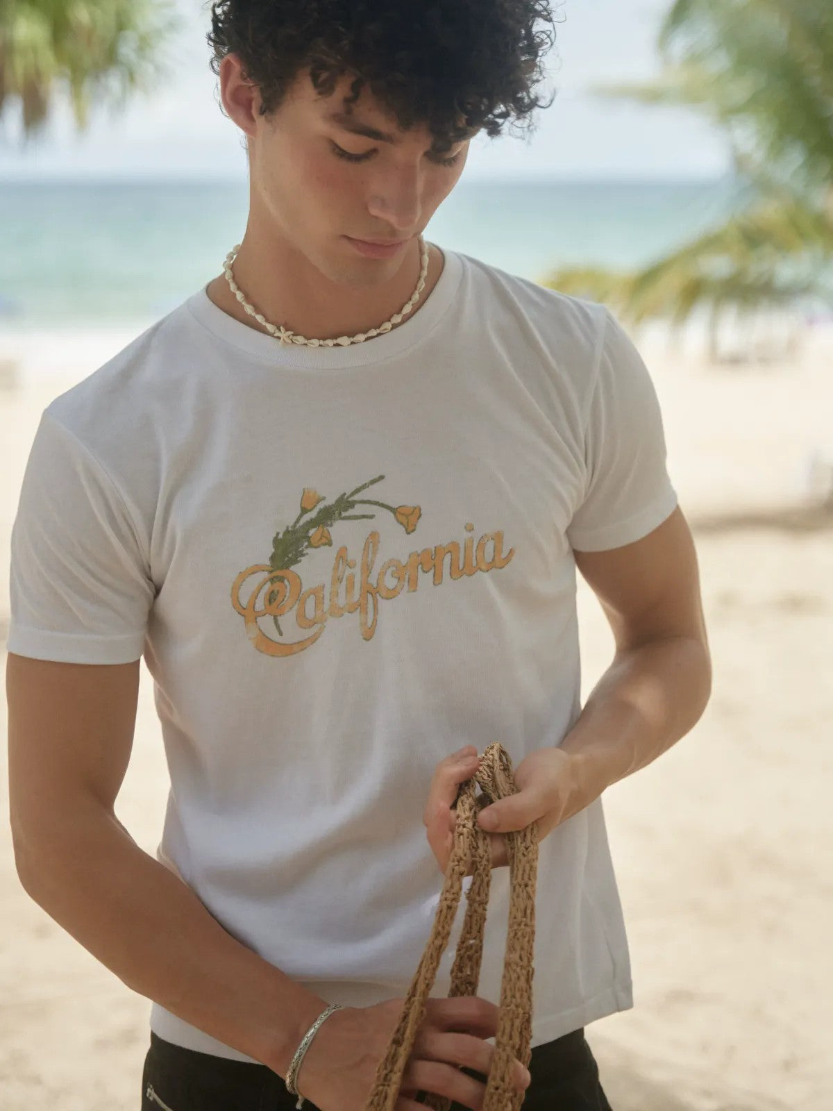 Retro 21 California Graphic Cotton T Shirt in White - On Male Model