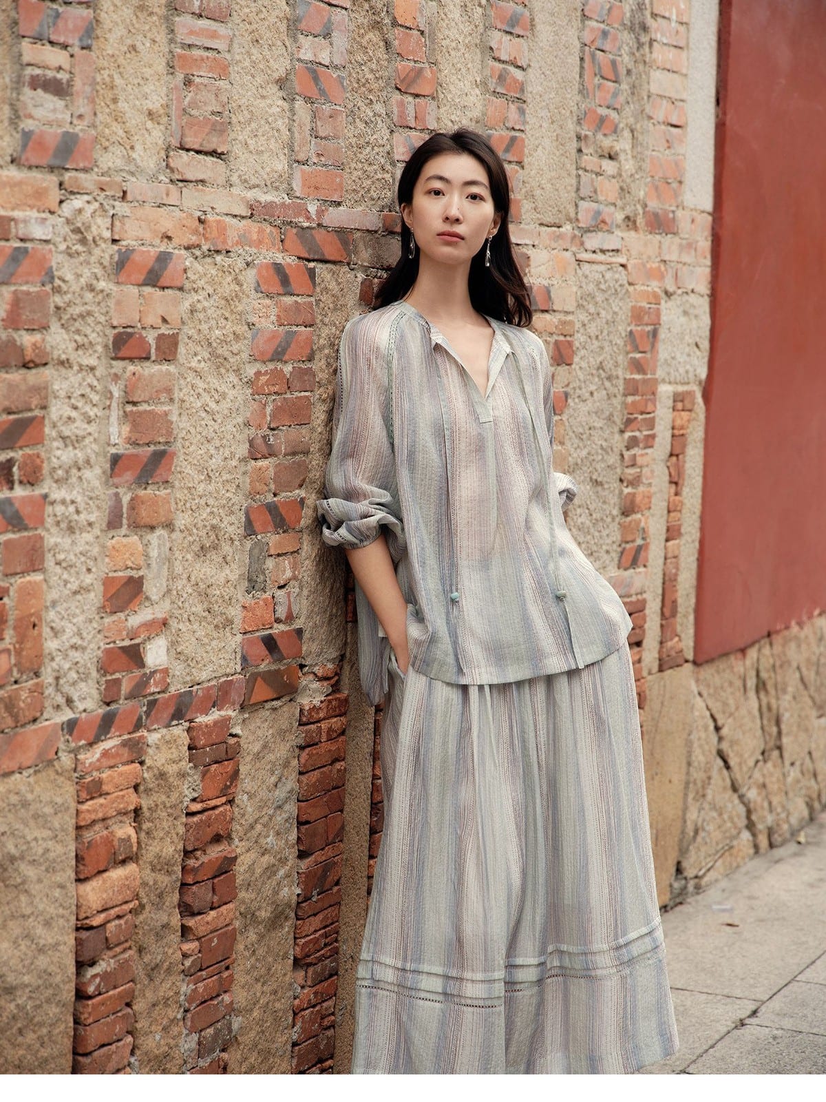 TEASEL Printed Lyocell Shirt Skirt Set in Blue - On Female Model