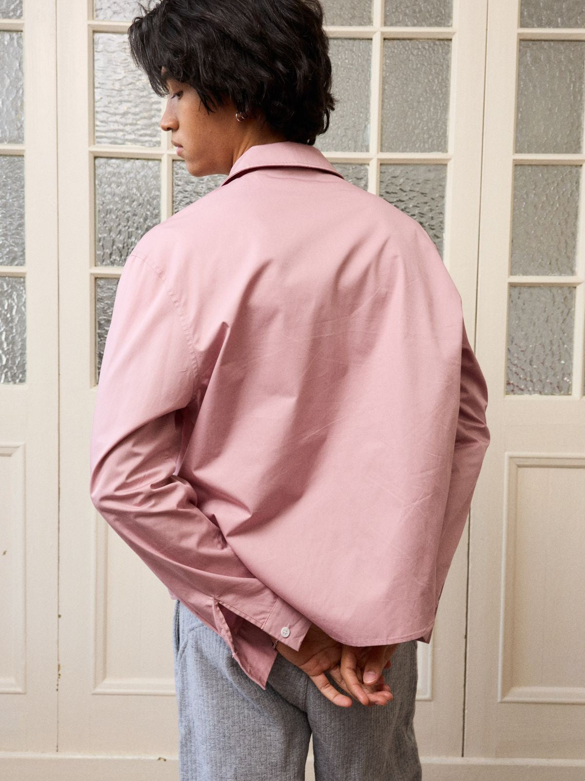 Retro 21 Pink Beige Double Zip Cotton Shirt in Off-White - On Male Model
