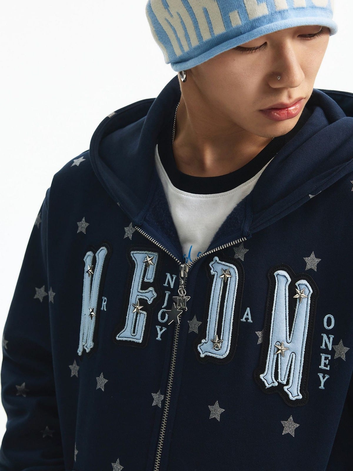 MEDM Fleece Lined Star Print Zip Hoodie in Navy Blue - On Male Model