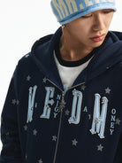 MEDM Fleece Lined Star Print Zip Hoodie in Navy Blue - On Male Model