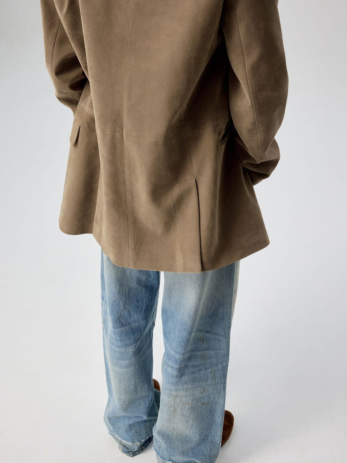 SIMPLE PROJECT Faux Suede Double Breasted Peacoat in Beige - On Model