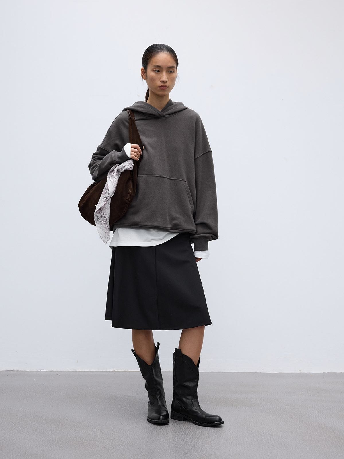 Random Piece Cotton Blend Drop Shoulder Hoodie in Gray - On Female Model
