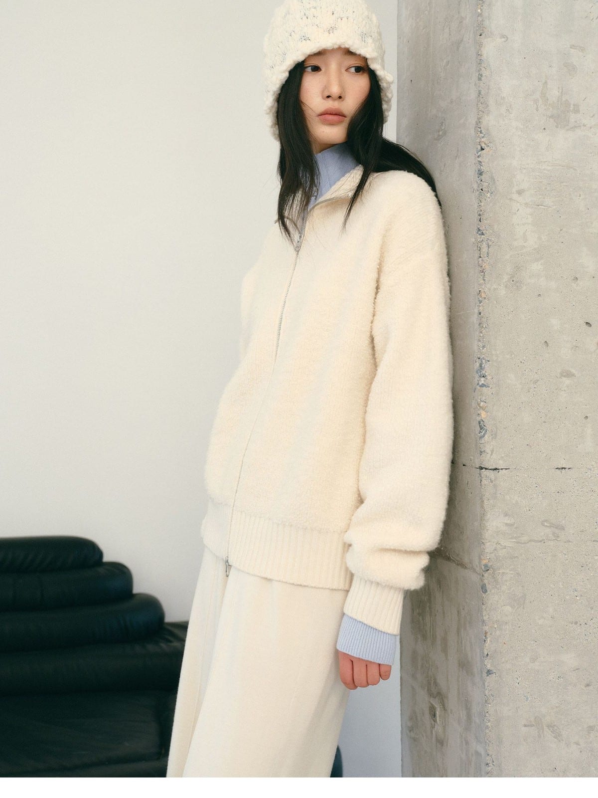 TEASEL Merino Wool Boucl Zip Cardigan in White - On Female Model