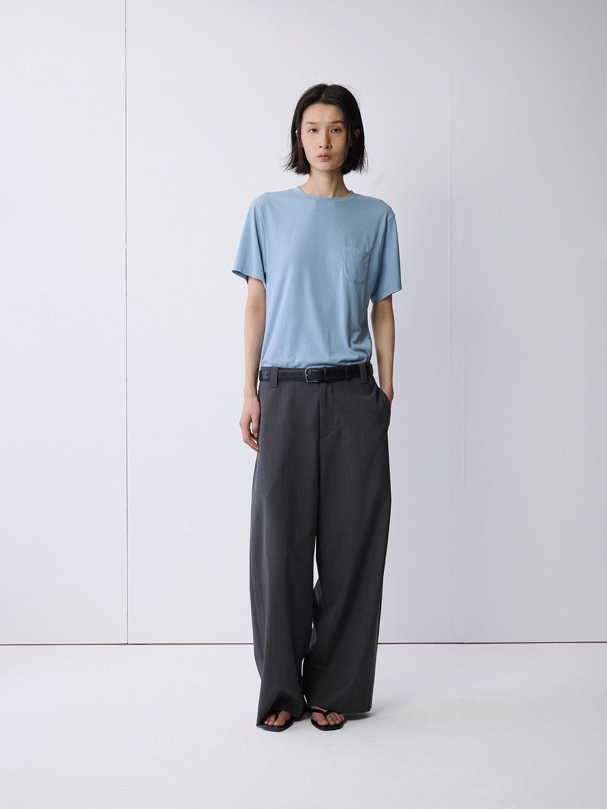 Random Piece Linen Blend Pocket T Shirt in Sky Blue - On Female Model