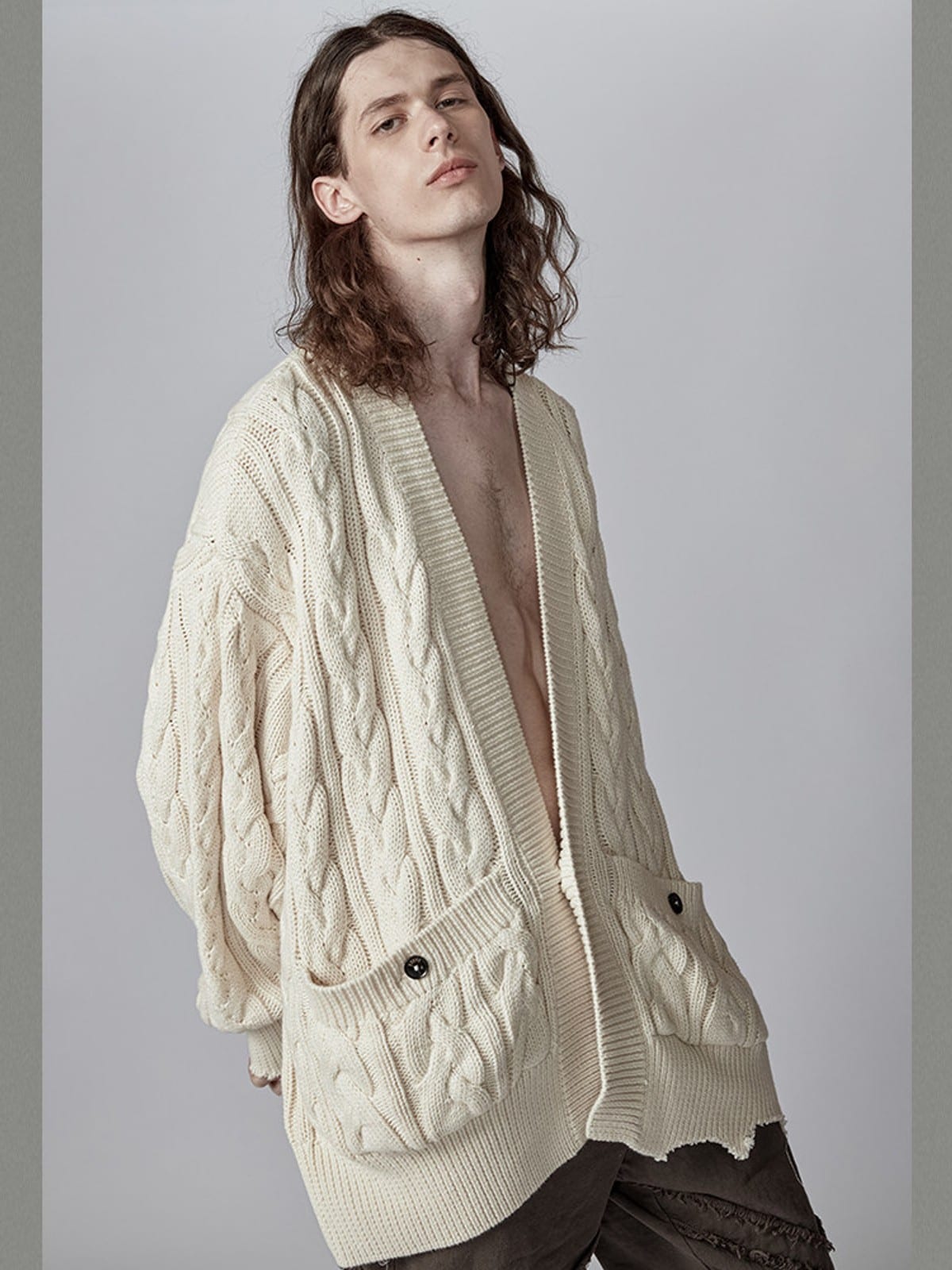 D5ove Distressed Cable Knit Noragi Cardigan in Cream - On Male Model