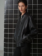 MSBEAST Sheepskin Leather Bomber Jacket in Black - On Female Model