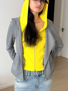 RARELY ALIKE Asymmetric Layered Color Block Hoodie in Dark Gray - On Female Model