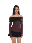 SweetChilling Fluffy Off the Shoulder Pleated Dress in Brown - On Female Model