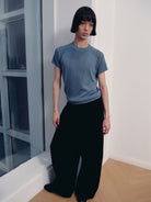 JCAESAR STUDIO Ribbed Ice Silk Raglan T Shirt in Blue - On Male Model