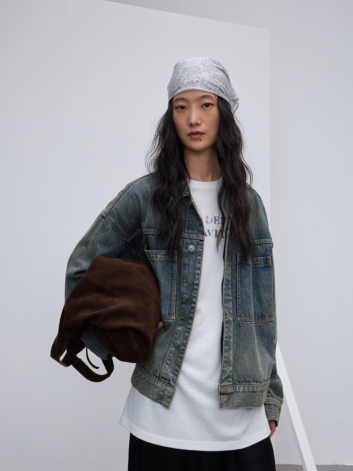 Random Piece Washed Cotton Cropped Denim Jacket in Denim - On Female Model