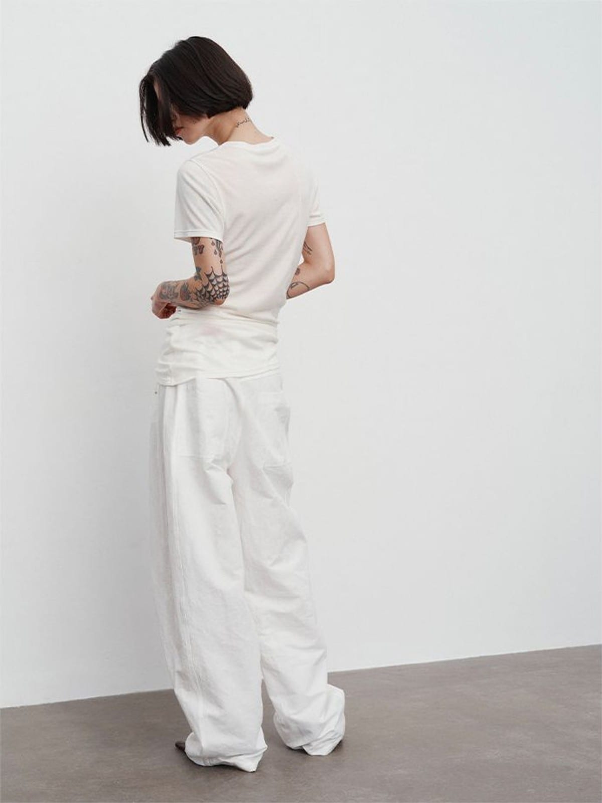 Random Piece Asymmetrical Pleated Silk Blend T Shirt in White - On Model