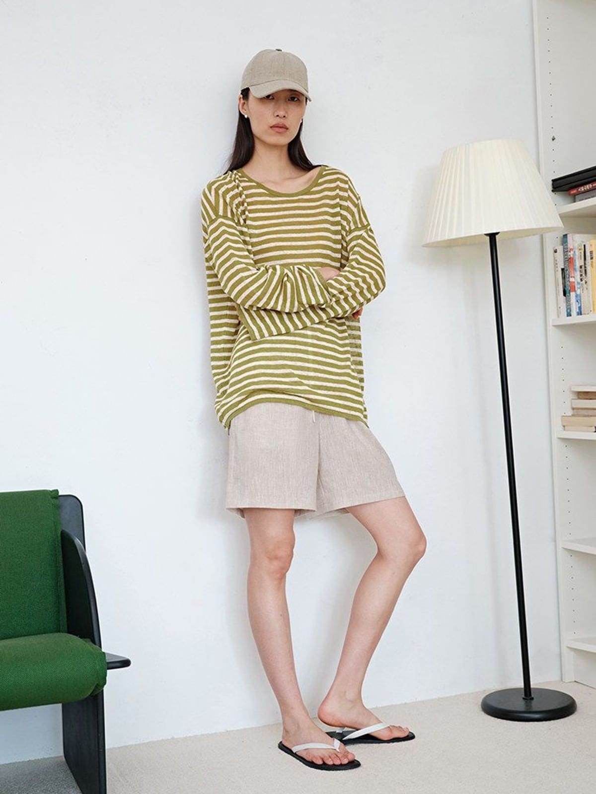 MSBEAST Linen Button Up Shirt Shorts Set in Beige - On Female Model