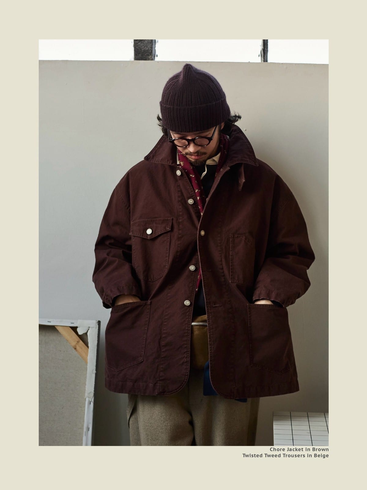 USAGE Washed Heavyweight Cotton Chore Jacket in Brown - On Male Model