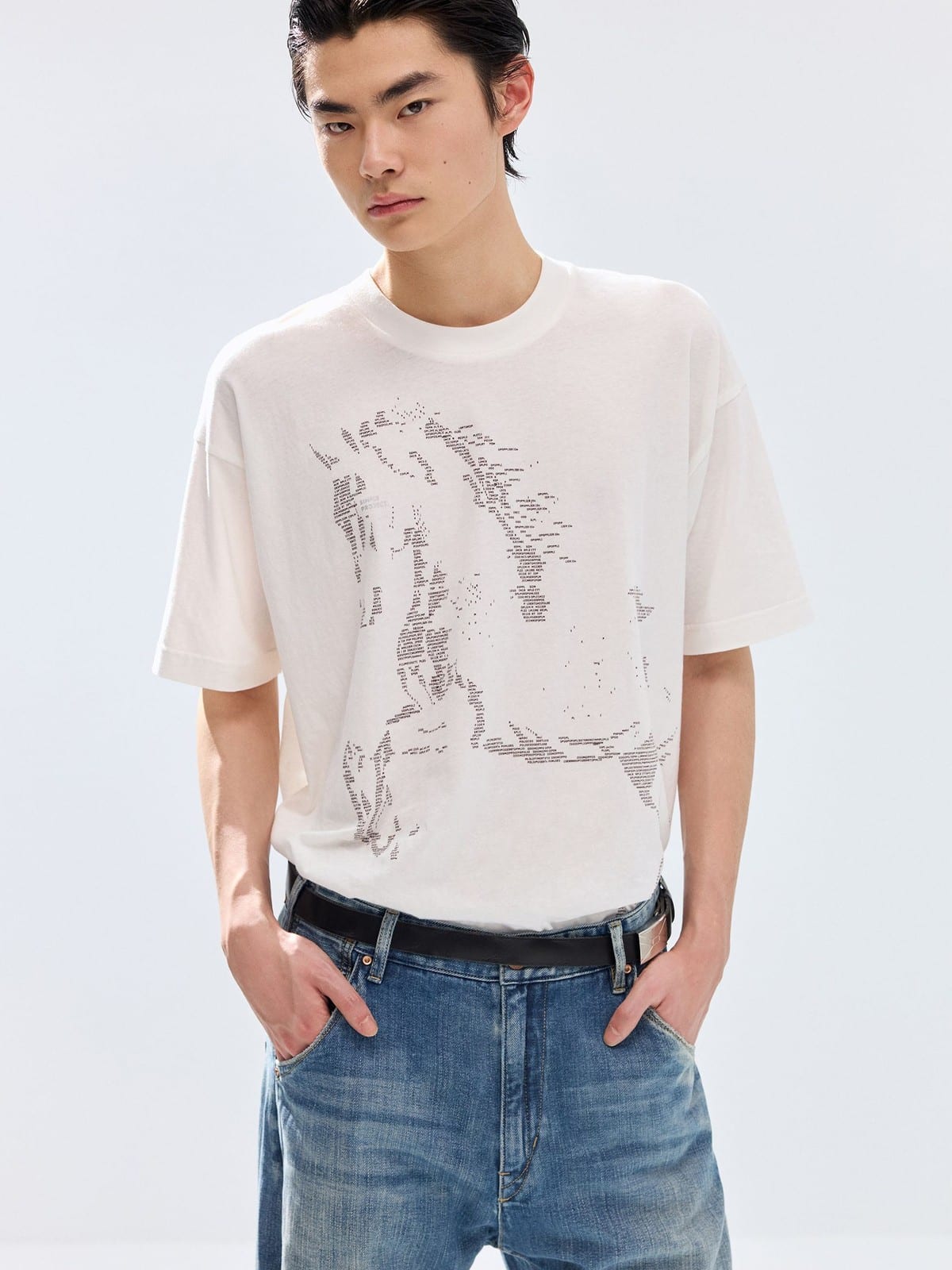 SIMPLE PROJECT Letter Horse Silhouette T Shirt in White - On Male Model