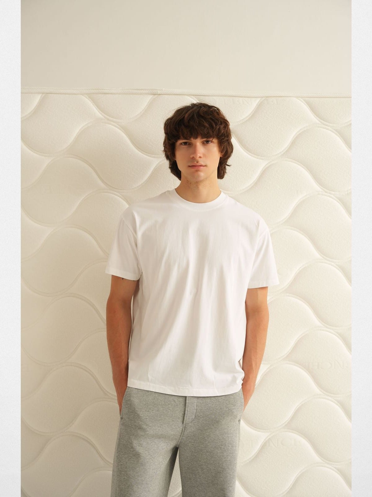 Retro21 Tubular Knit Brushed Cotton T Shirt in White - On Male Model
