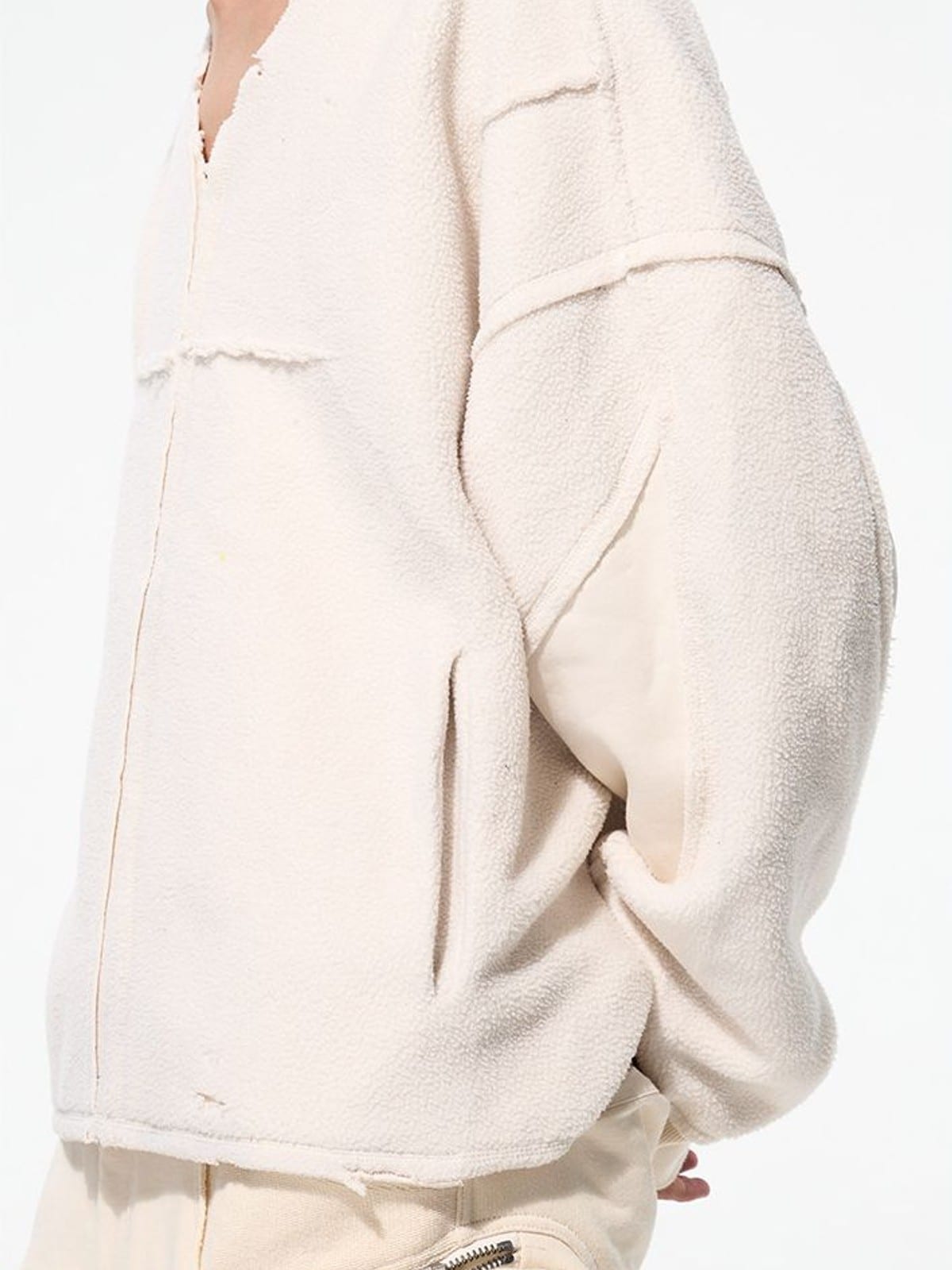 D5ove Distressed V Neck Fleece Sweatshirt in Cream - On Male Model