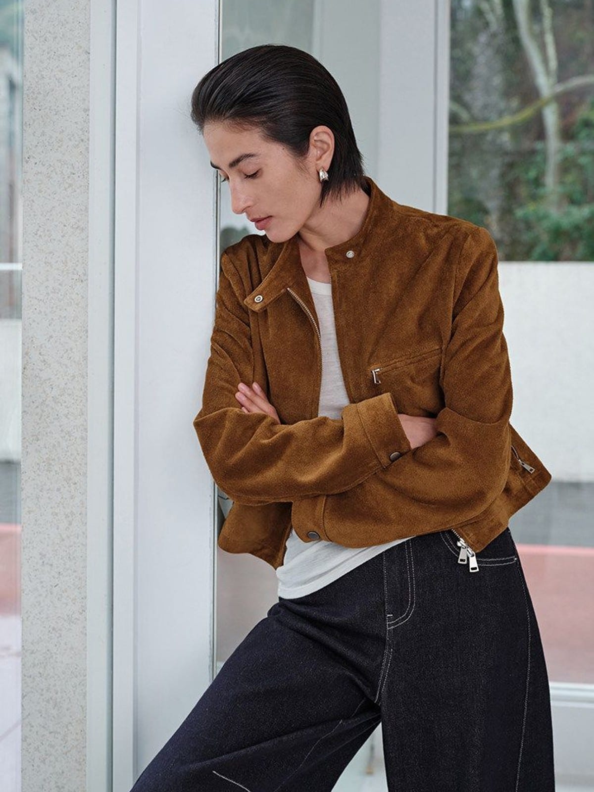 MSBEAST Suede Leather Cropped Moto Jacket in Brown - On Female Model