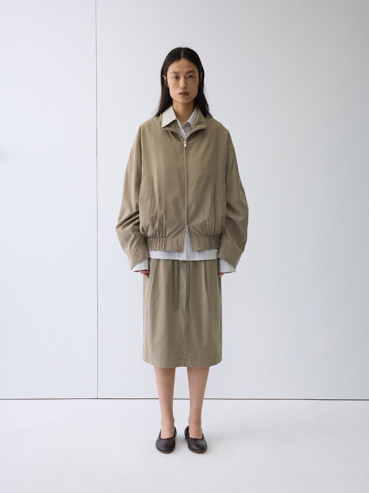 Random Piece Nylon Blend Zip Up Cropped Jacket in Khaki - On Female Model