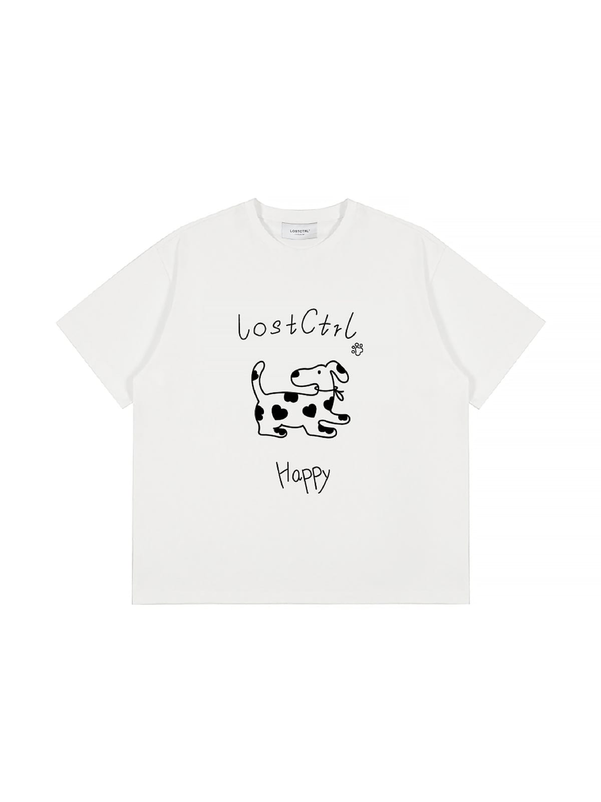LOSTCTRL Spotted Dog Graphic Crewneck T Shirt in White