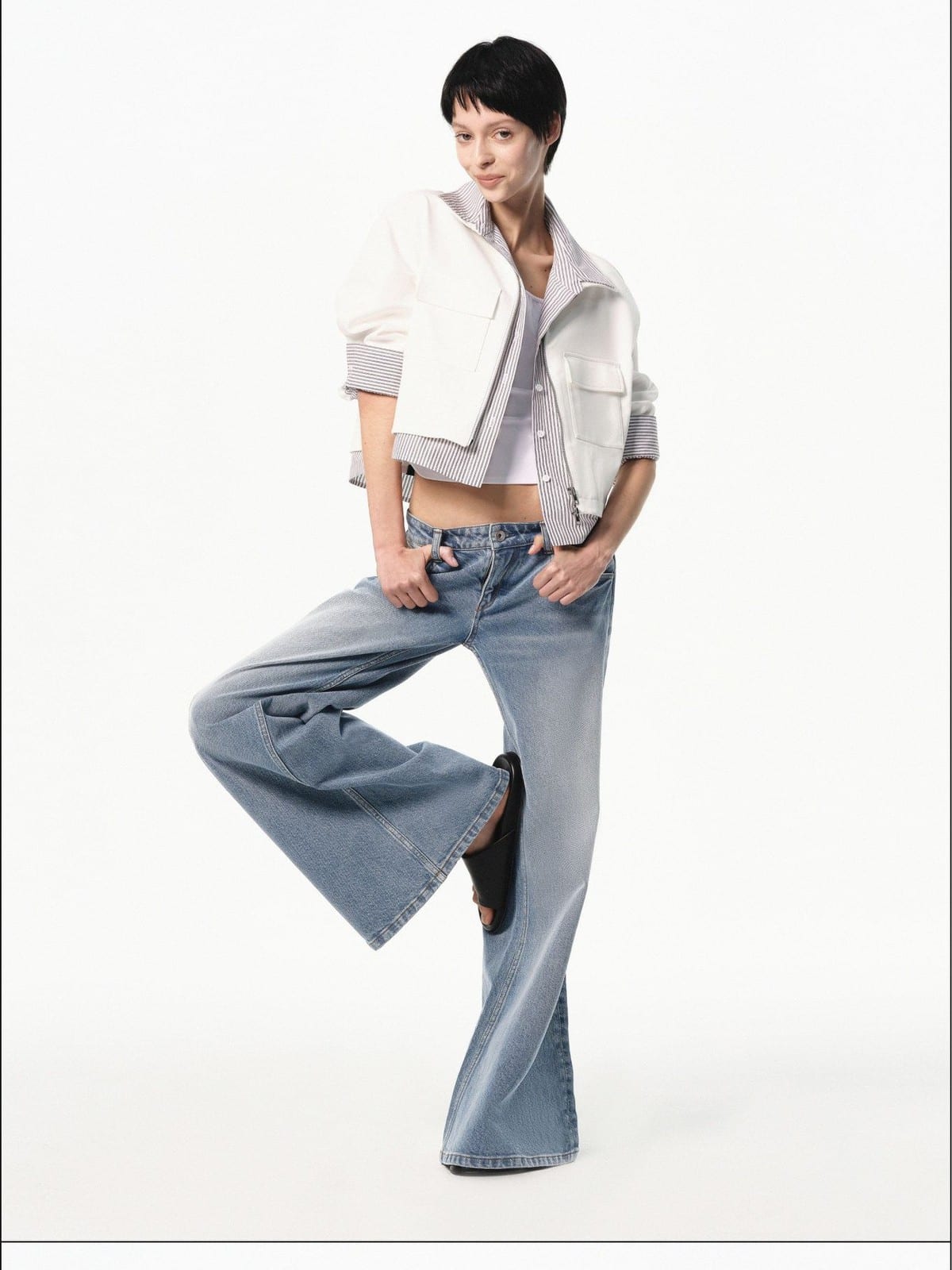 RARELY ALIKE Striped Mock Layer Cropped Jacket in White - On Female Model