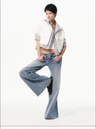 RARELY ALIKE Striped Mock Layer Cropped Jacket in White - On Female Model