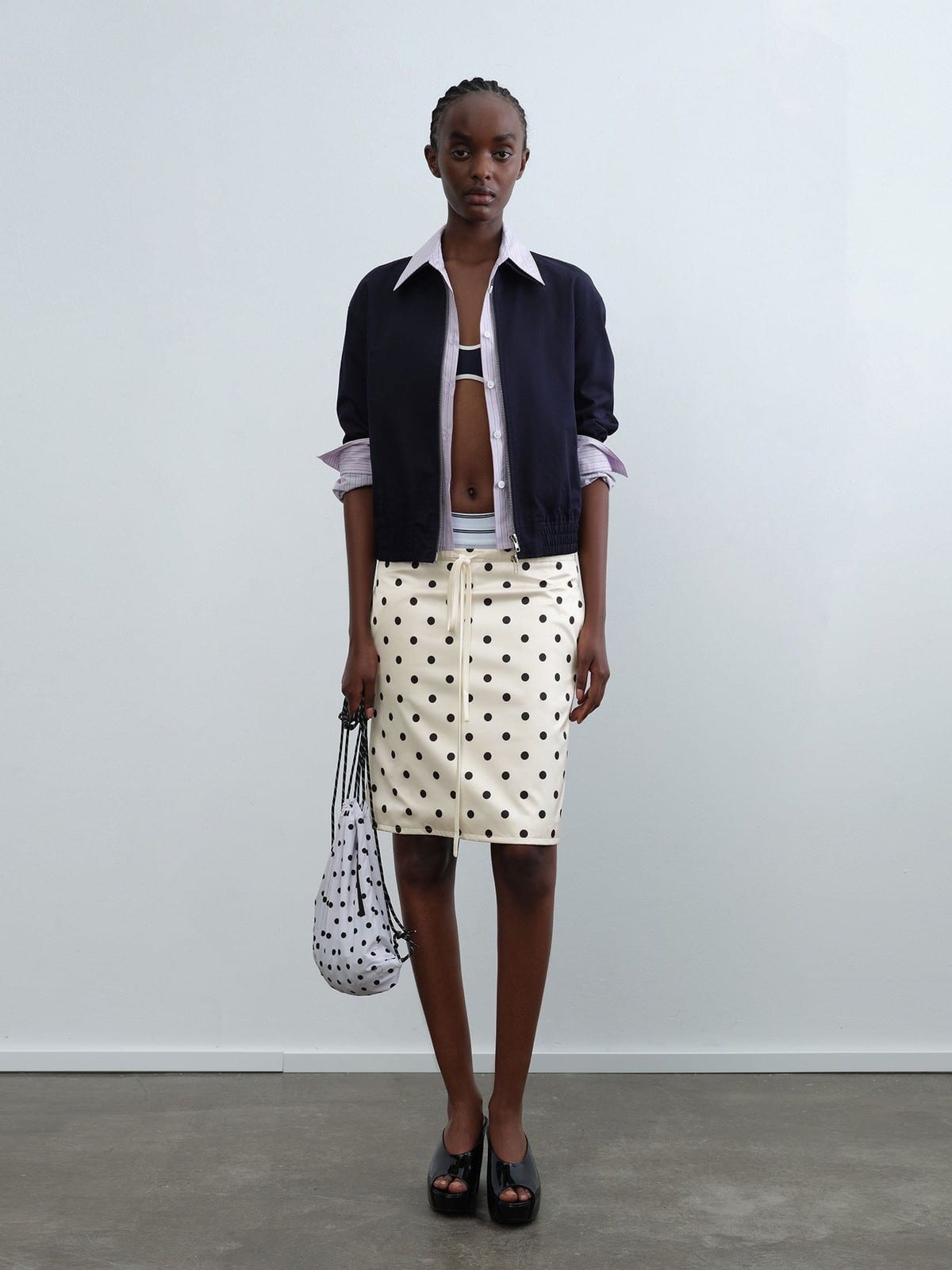 RARELY ALIKE Mock Layer Striped Cropped Jacket in Navy Blue - On Female Model