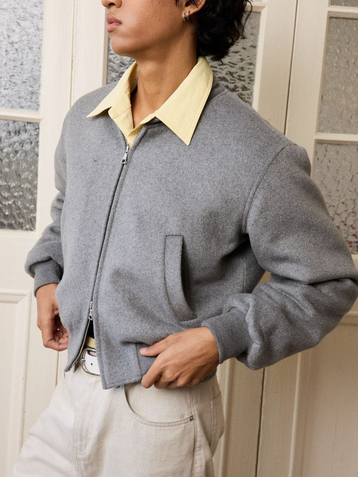 Retro 21 3M Thinsulate Wool MA 1 Jacket in Gray - On Male Model