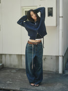 Retro 21 Ribbed Wool Blend Zip Cardigan in Navy Blue - On Female Model