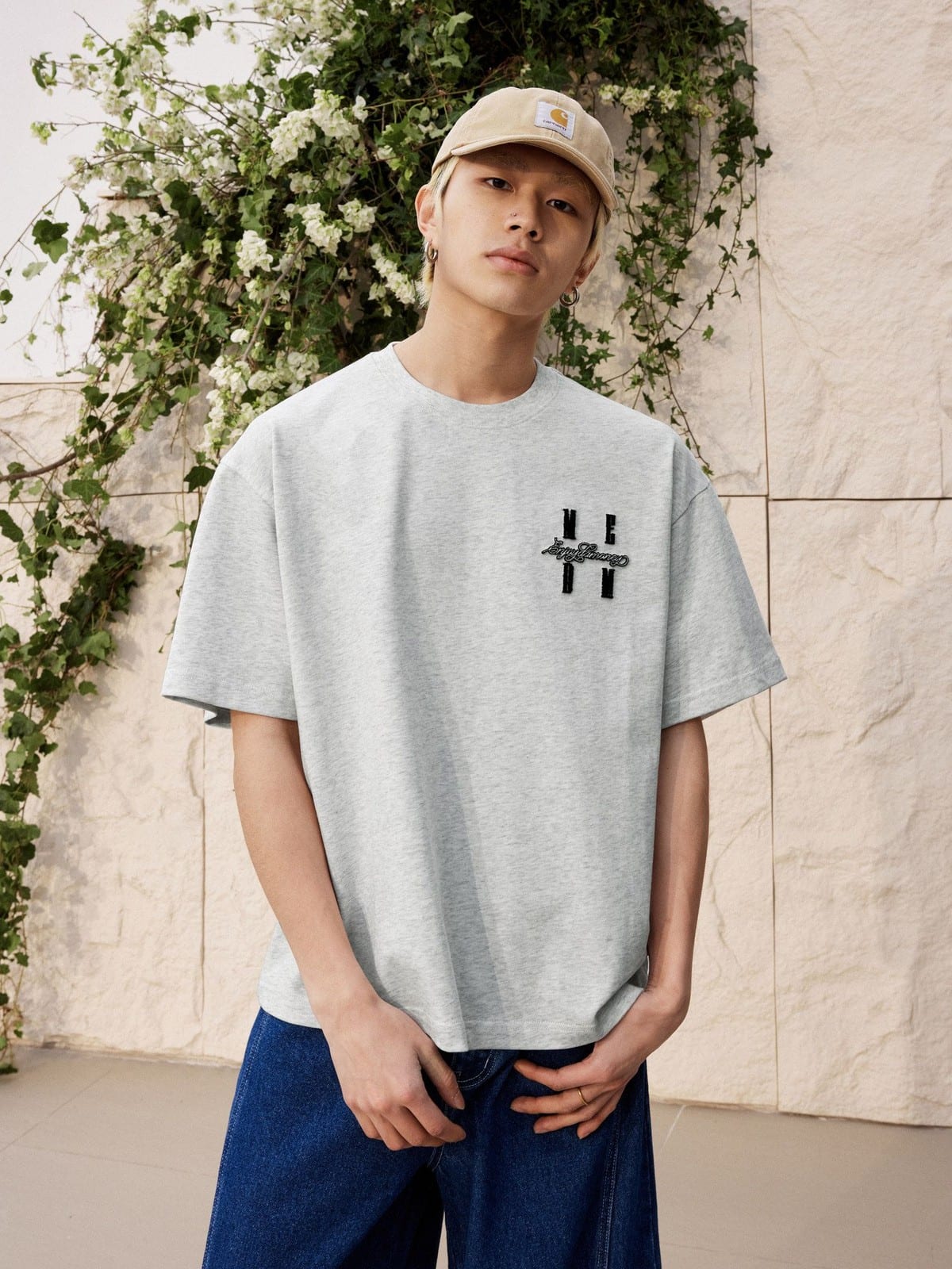MEDM Tufted Logo Cotton T Shirt in Gray - On Male Model