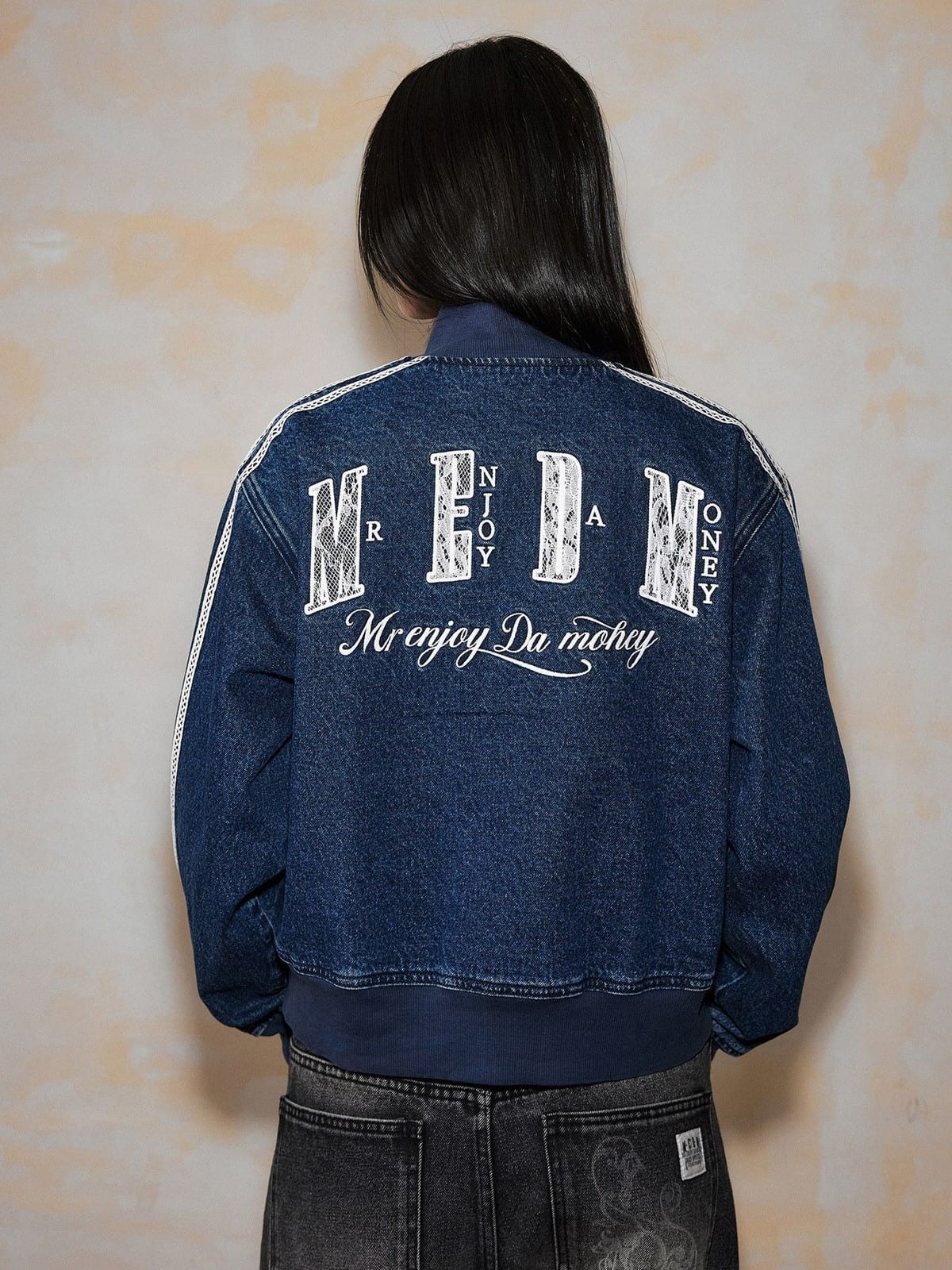 MEDM Lace Trim Stand Collar Denim Jacket in Denim - On Model