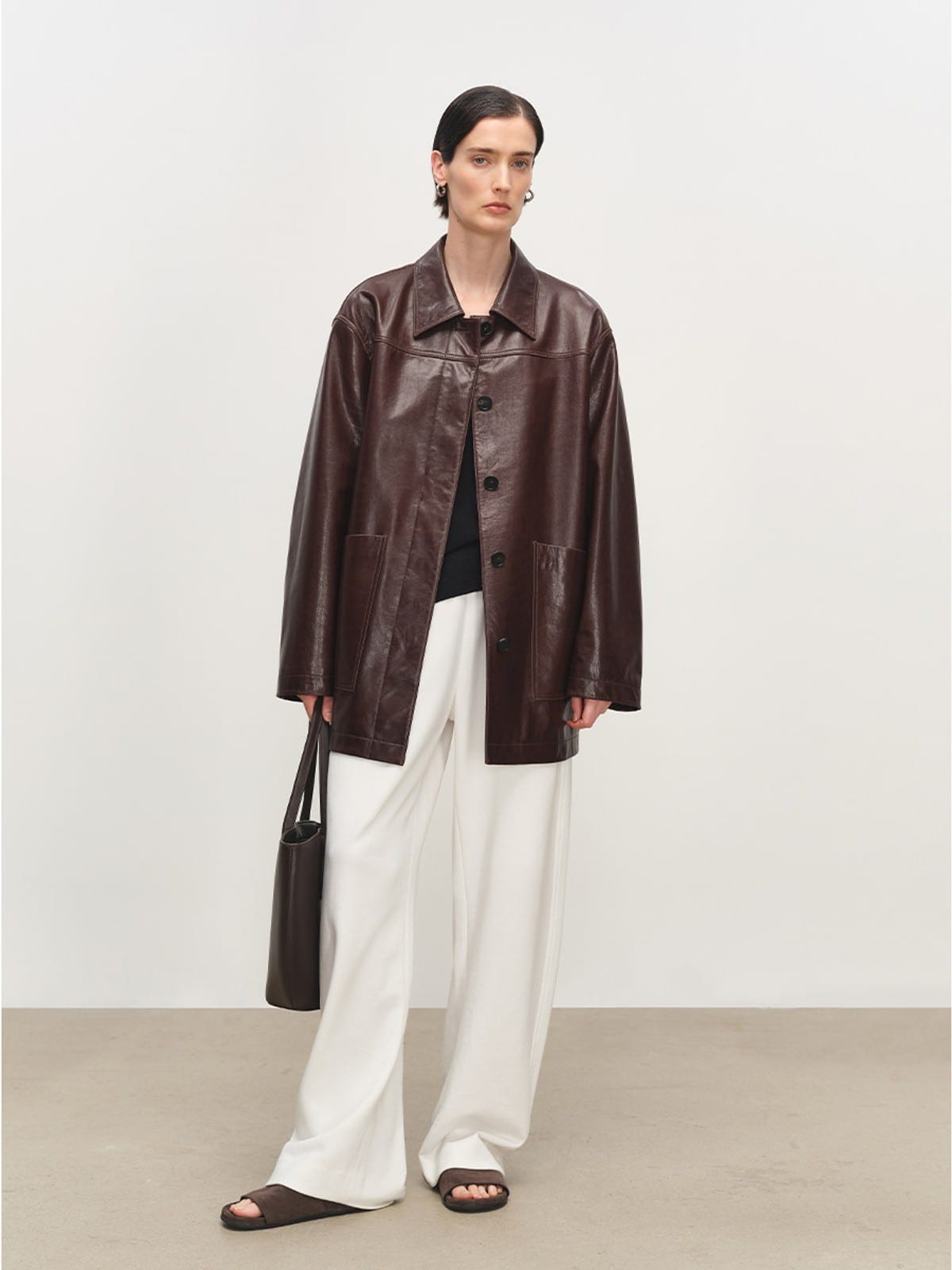 MSBEAST Mid Length Sheepskin Leather Jacket in Brown - On Female Model