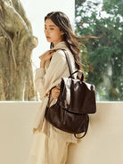 QIUZHEN Vegetable Tanned Goat Leather Backpack in Brown - On Female Model