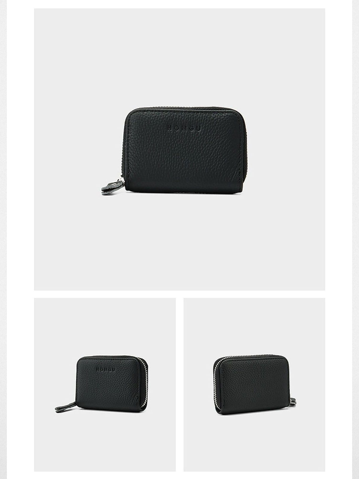 HONGU Pebbled Leather Zip Wallet in Black