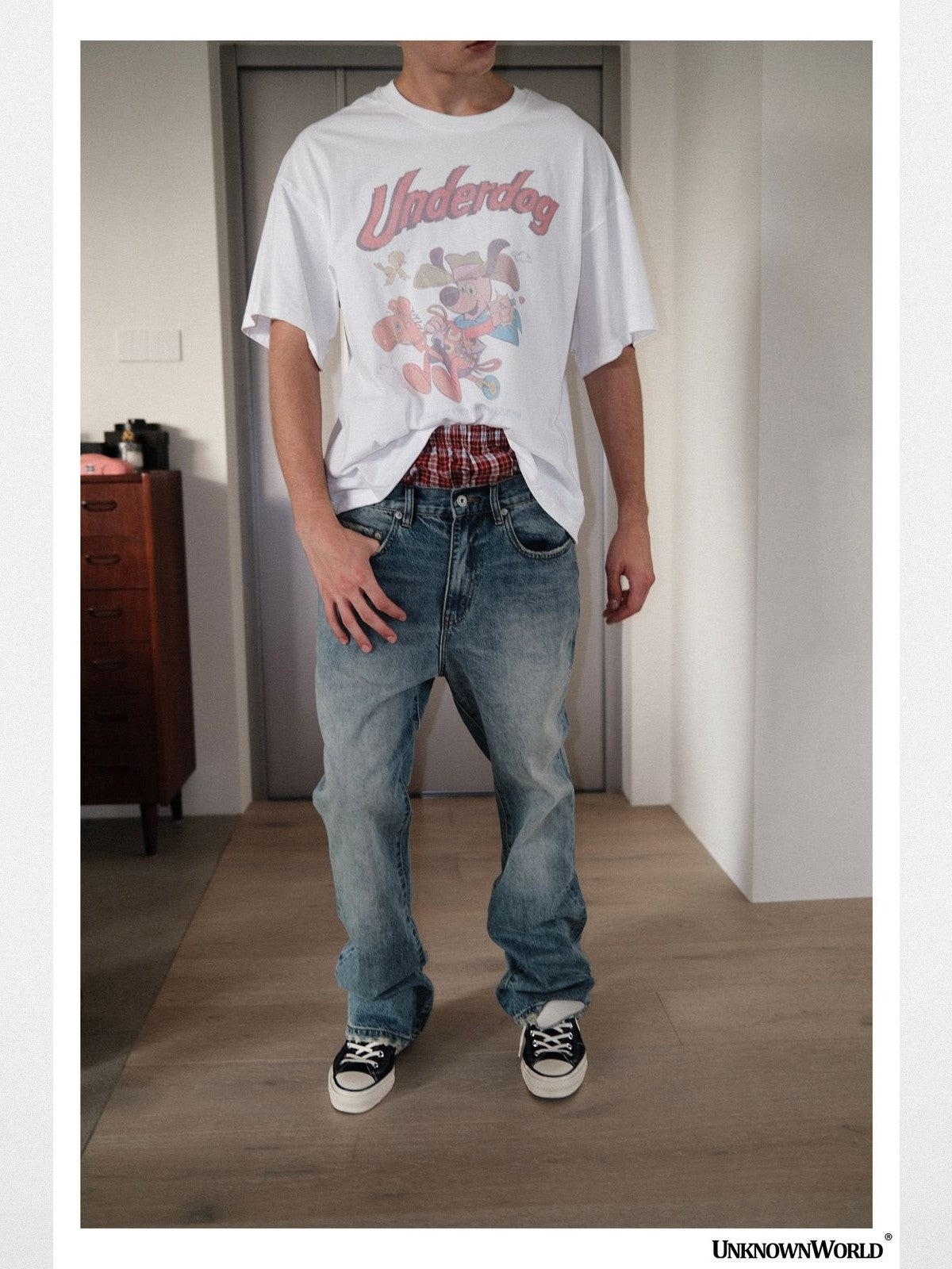 UNKNOWNWORLD Ice Blue Washed Micro Flare Jeans in Blue - On Male Model