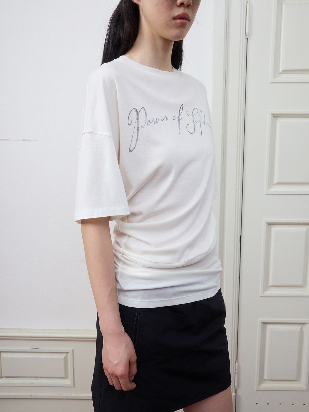 Random Piece Ruched Asymmetrical Graphic T Shirt in White - On Female Model