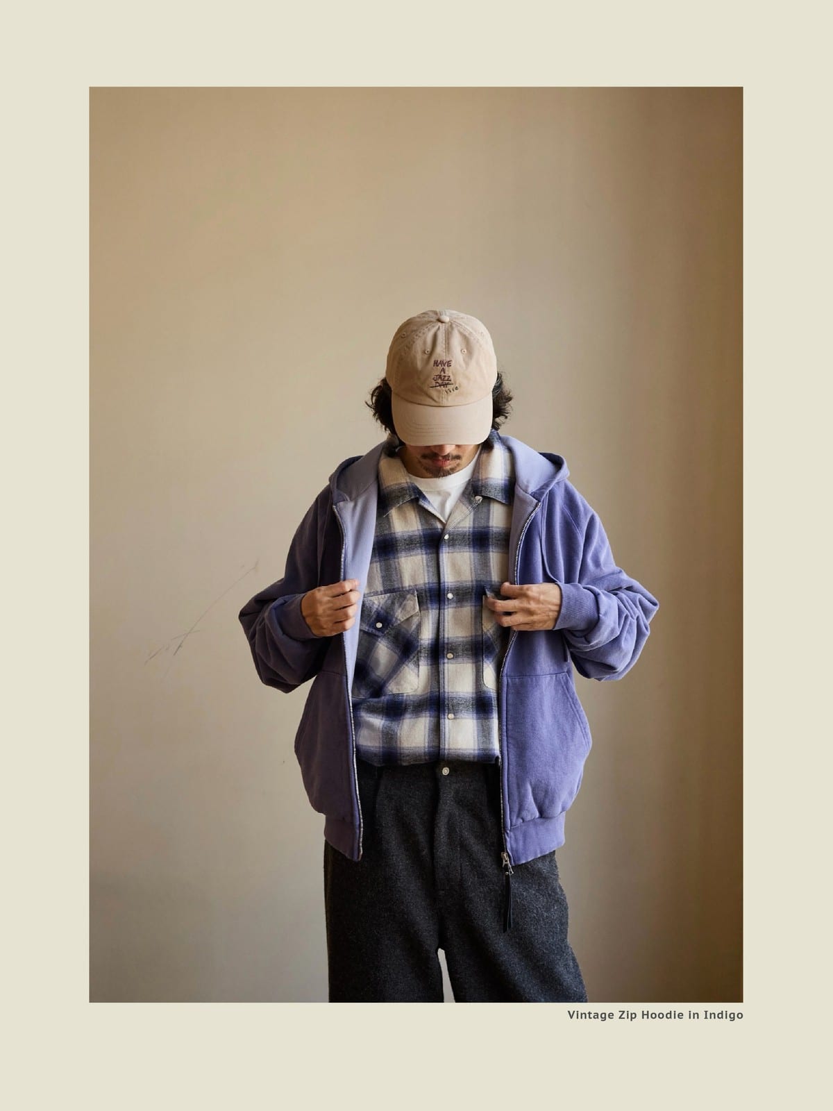 USAGE Vintage Washed Double Layer Zip Hoodie in Purple - On Male Model