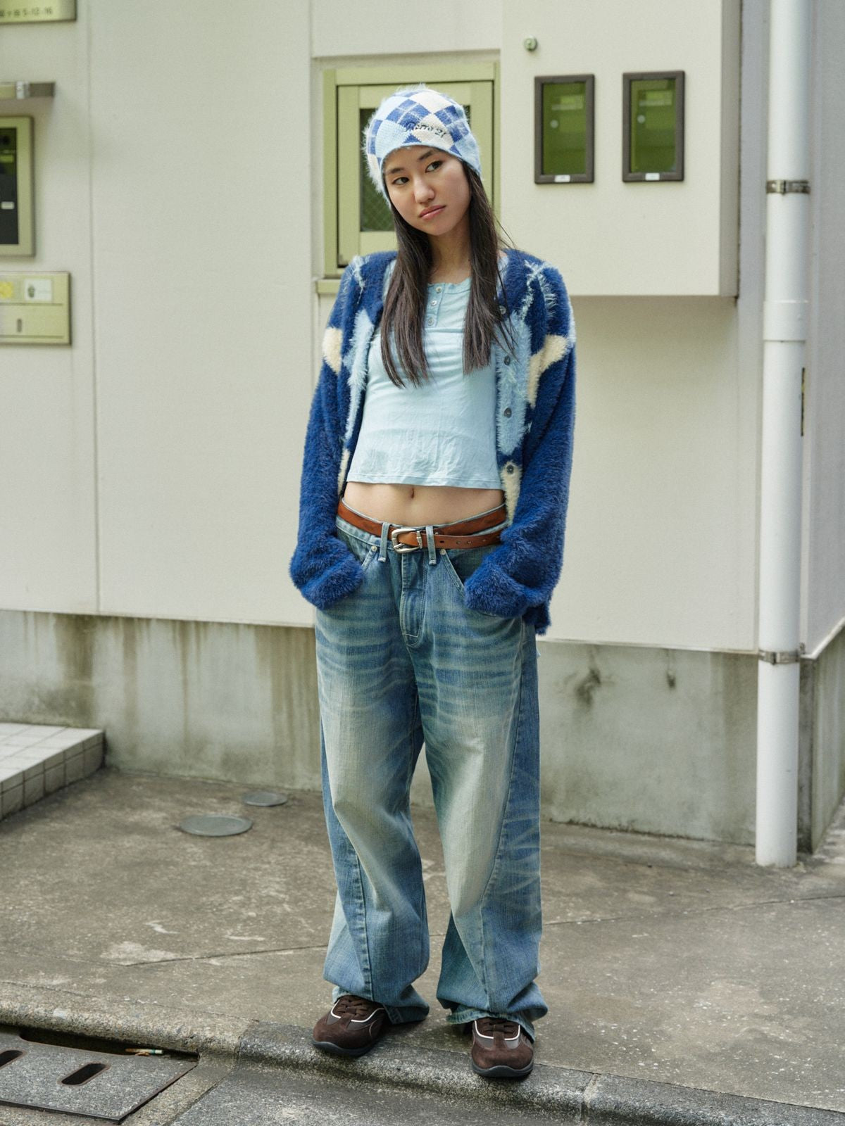 Retro 21 Faux Mink Argyle Cardigan in Blue - On Female Model