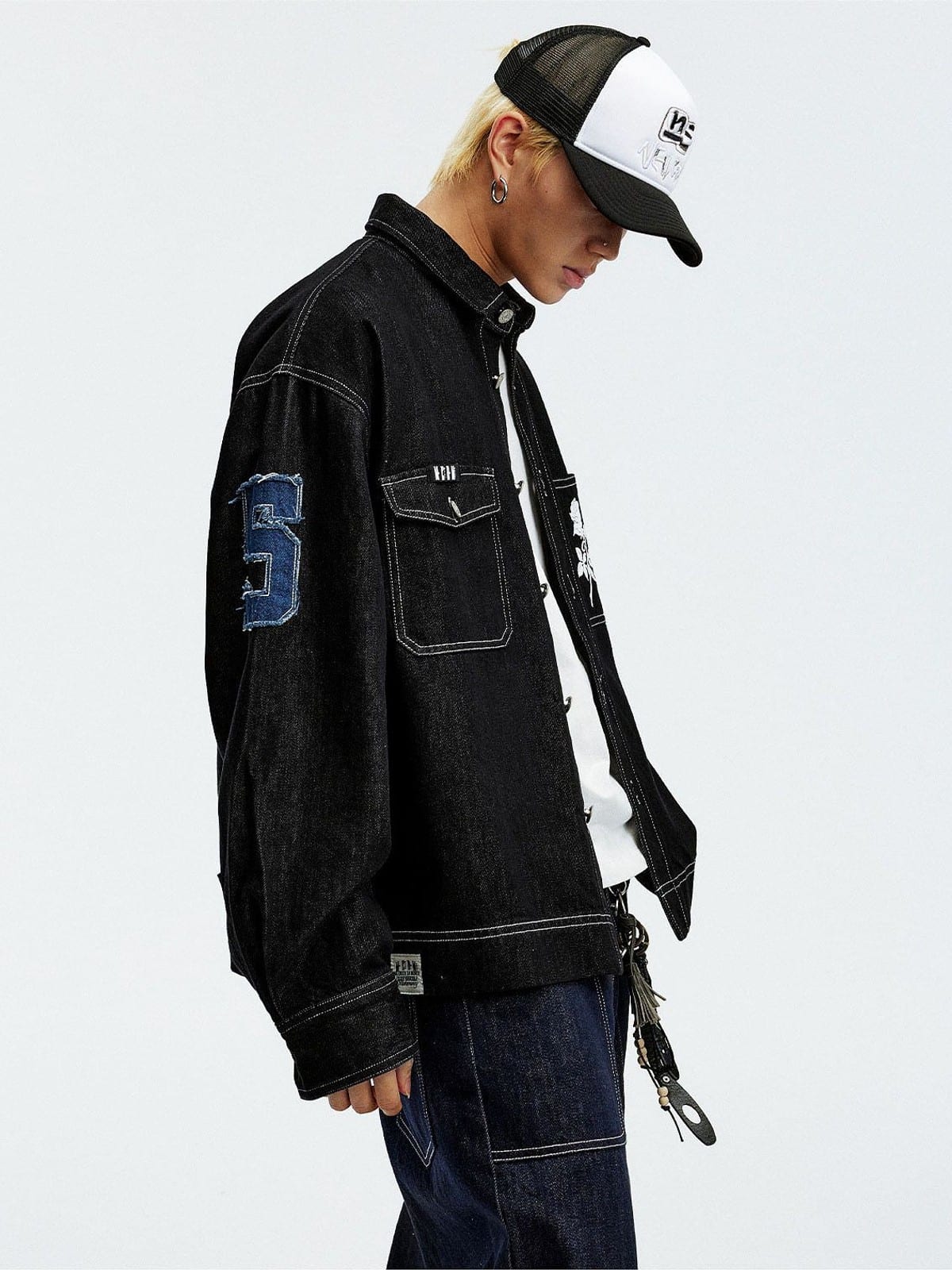 MEDM Lyocell Blend Logo Patch Denim Jacket in Denim - On Male Model