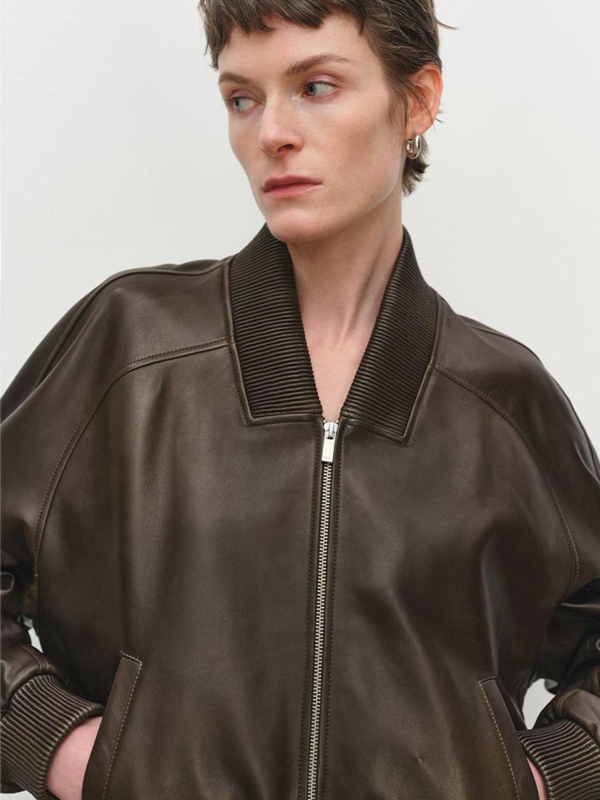 MSBEAST Double Zip Cropped Sheepskin Leather Jacket in Brown - On Female Model