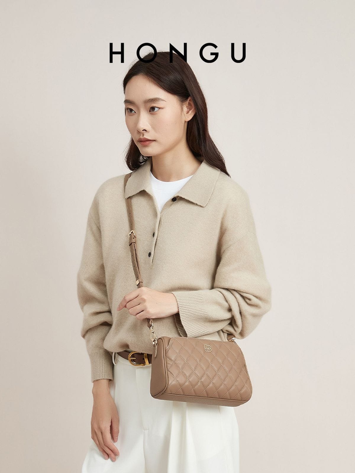 HONGU Quilted Leather Chain Crossbody Bag in Taupe - On Female Model