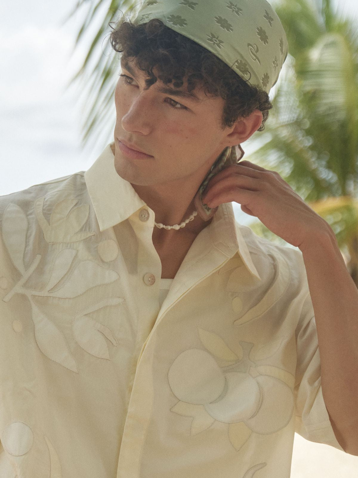 Retro 21 Appliqu Lyocell Camp Shirt in White - On Male Model