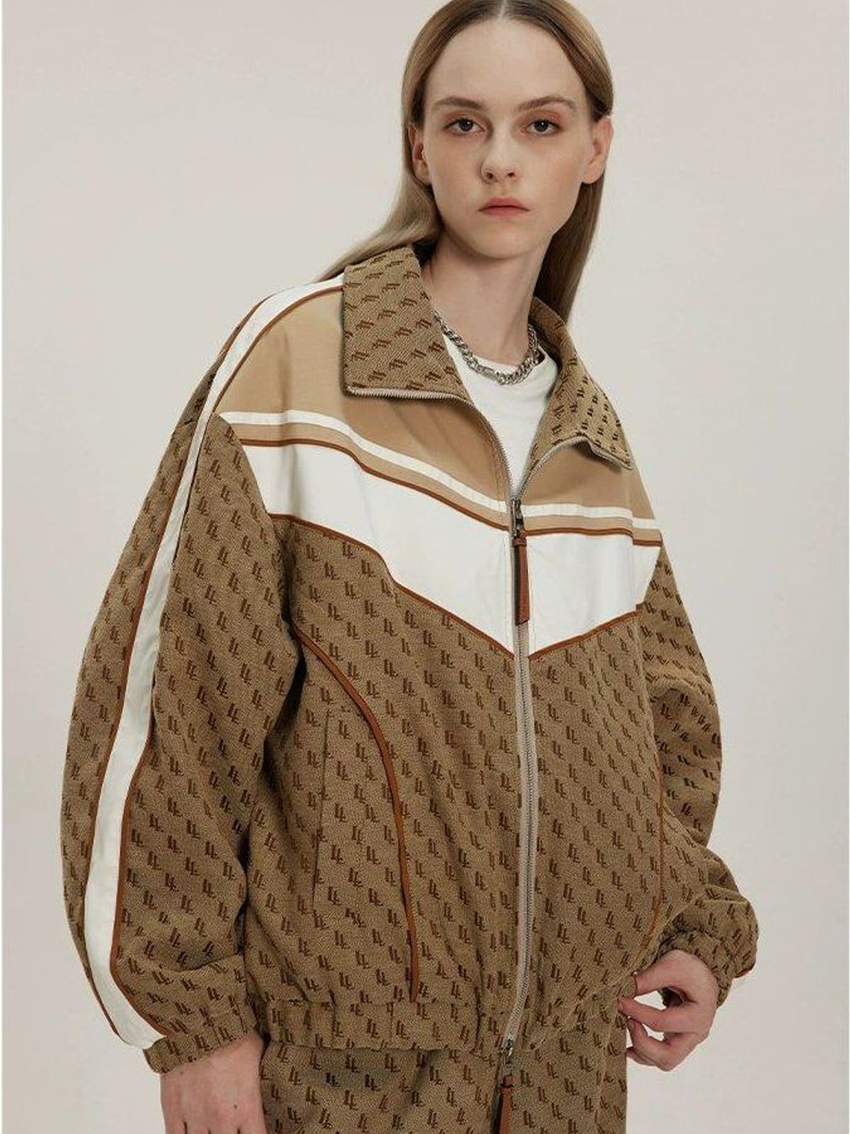 LOSTCTRL Vintage Monogram Track Jacket in Beige - On Female Model