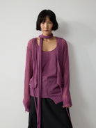 Random Piece Alpaca Blend Pointelle Tie Front Cardigan in Purple - On Female Model