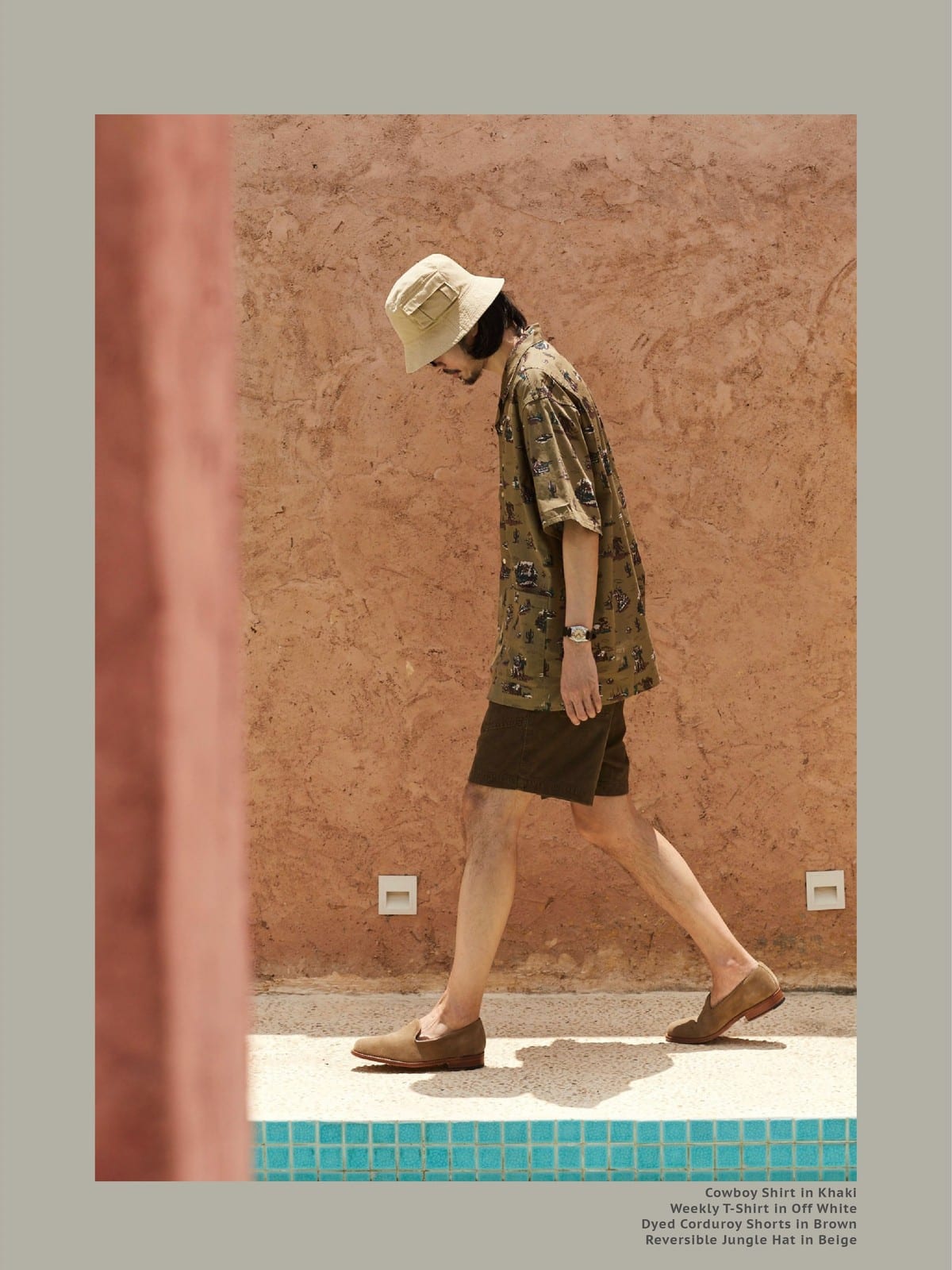 USAGE Cowboy Print Cotton Hawaiian Shirt in Beige - On Male Model
